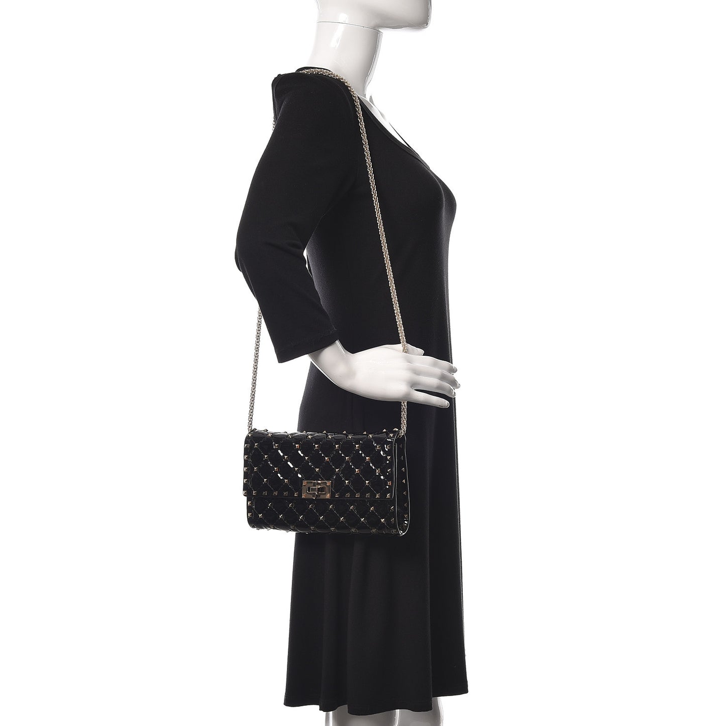 Patent Rockstud Spike Wallet on Chain Black