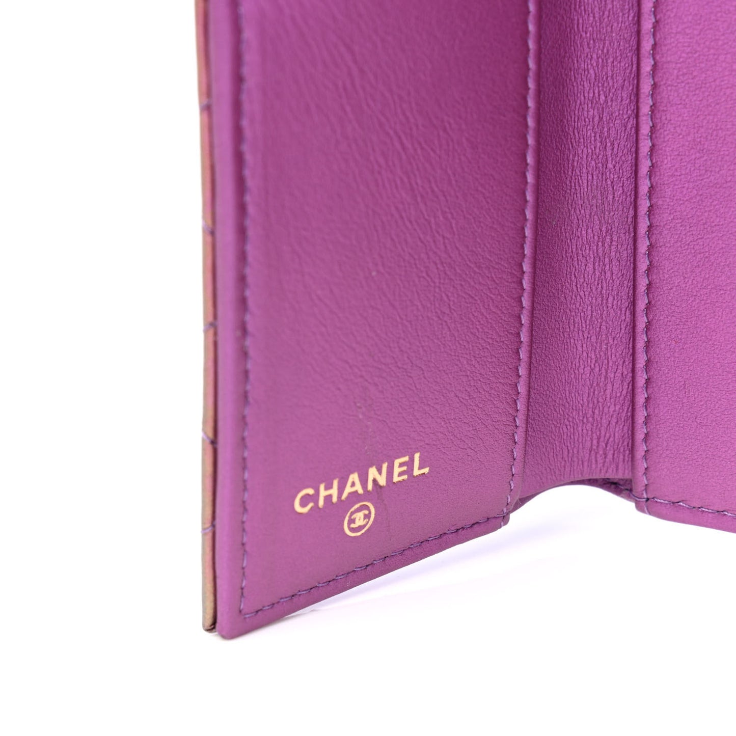Iridescent Lambskin Small Quilted Flap Wallet Purple