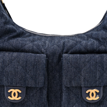 Chanel Washed Denim Quilted Large Trendy Pockets Hobo Dark Blue 7 of 10