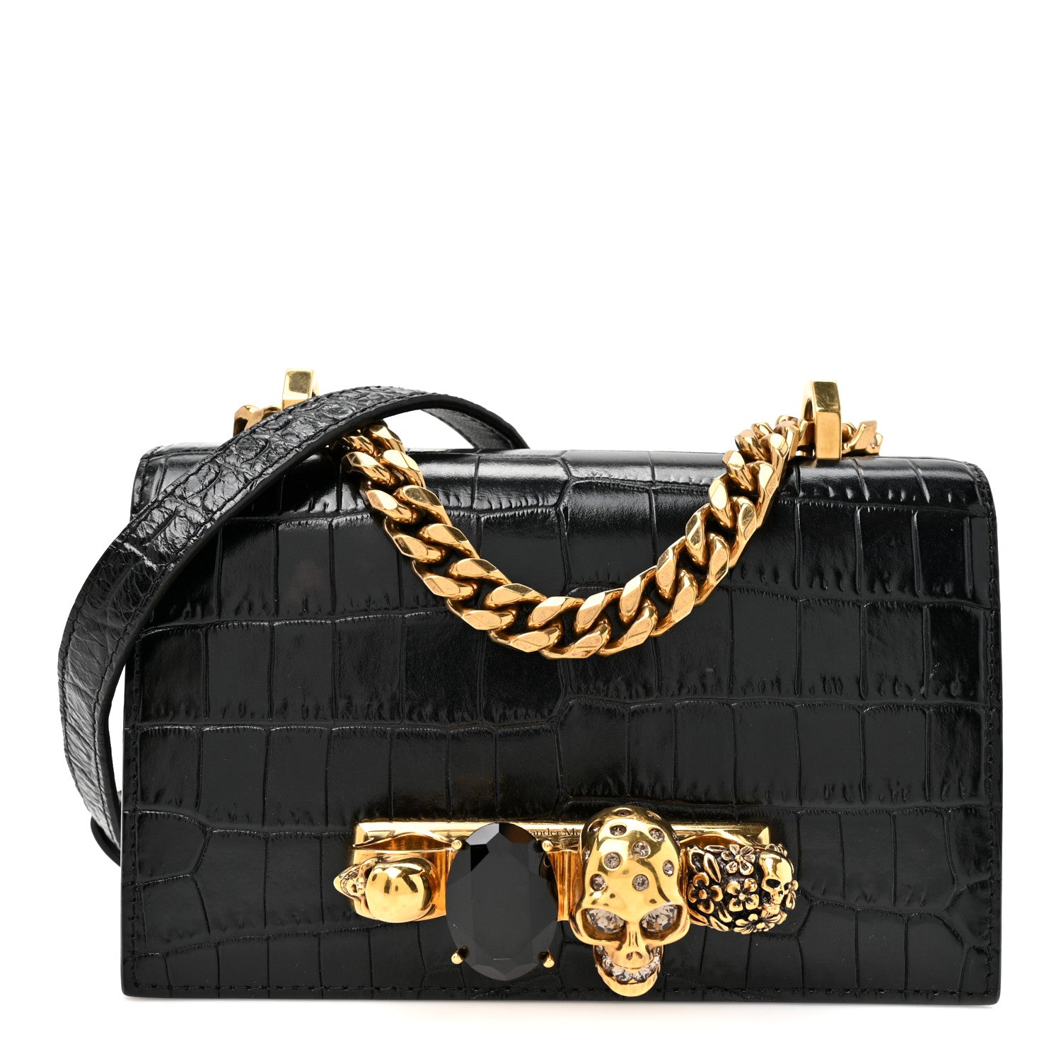Alexander McQueen Shiny Crocodile Embossed Jeweled Satchel Black 1 of 11