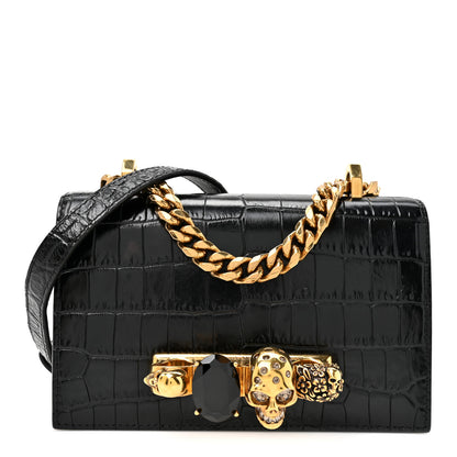 Alexander McQueen Shiny Crocodile Embossed Jeweled Satchel Black 1 of 11