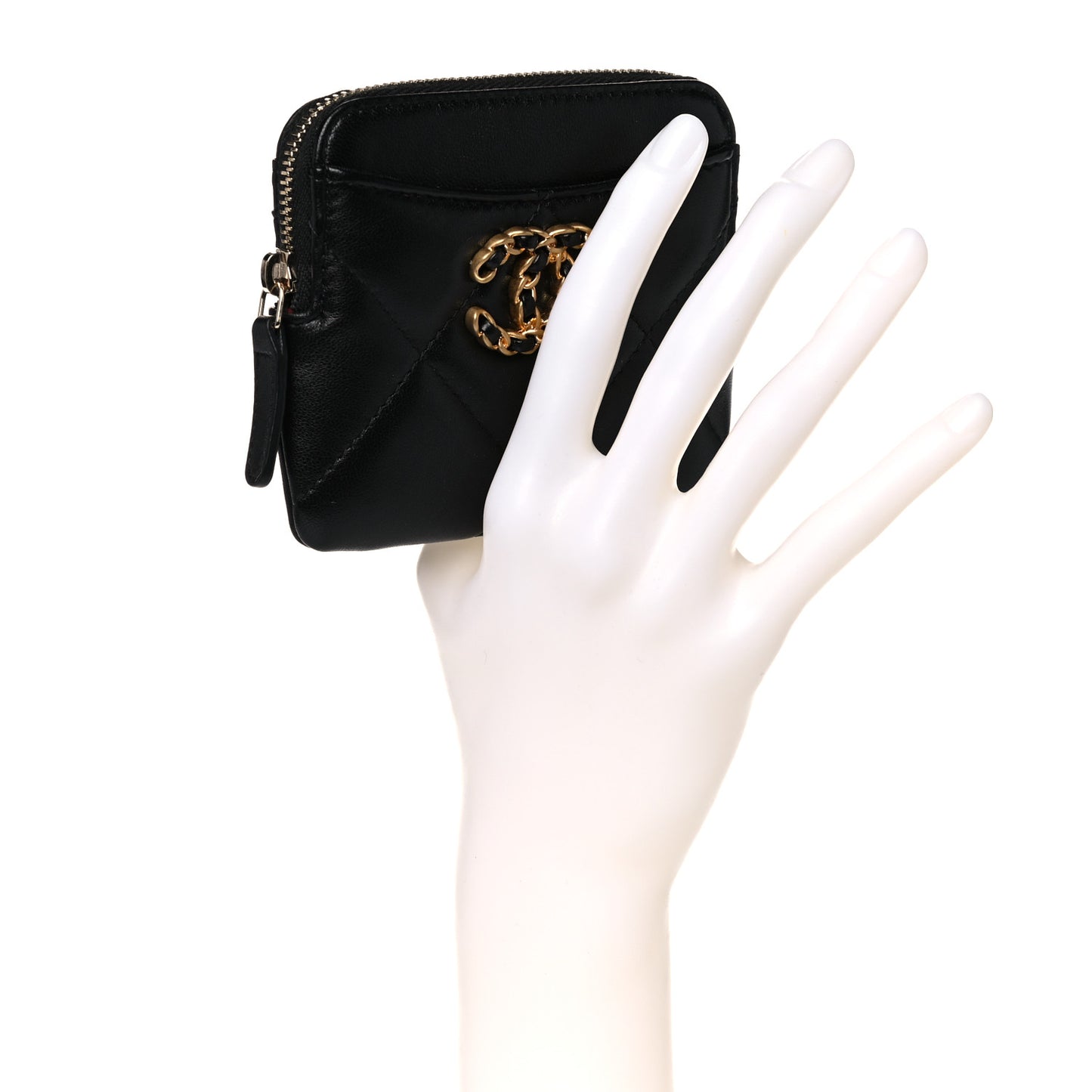 Lambskin Quilted Chanel 19 Zip Card Holder Wallet Black