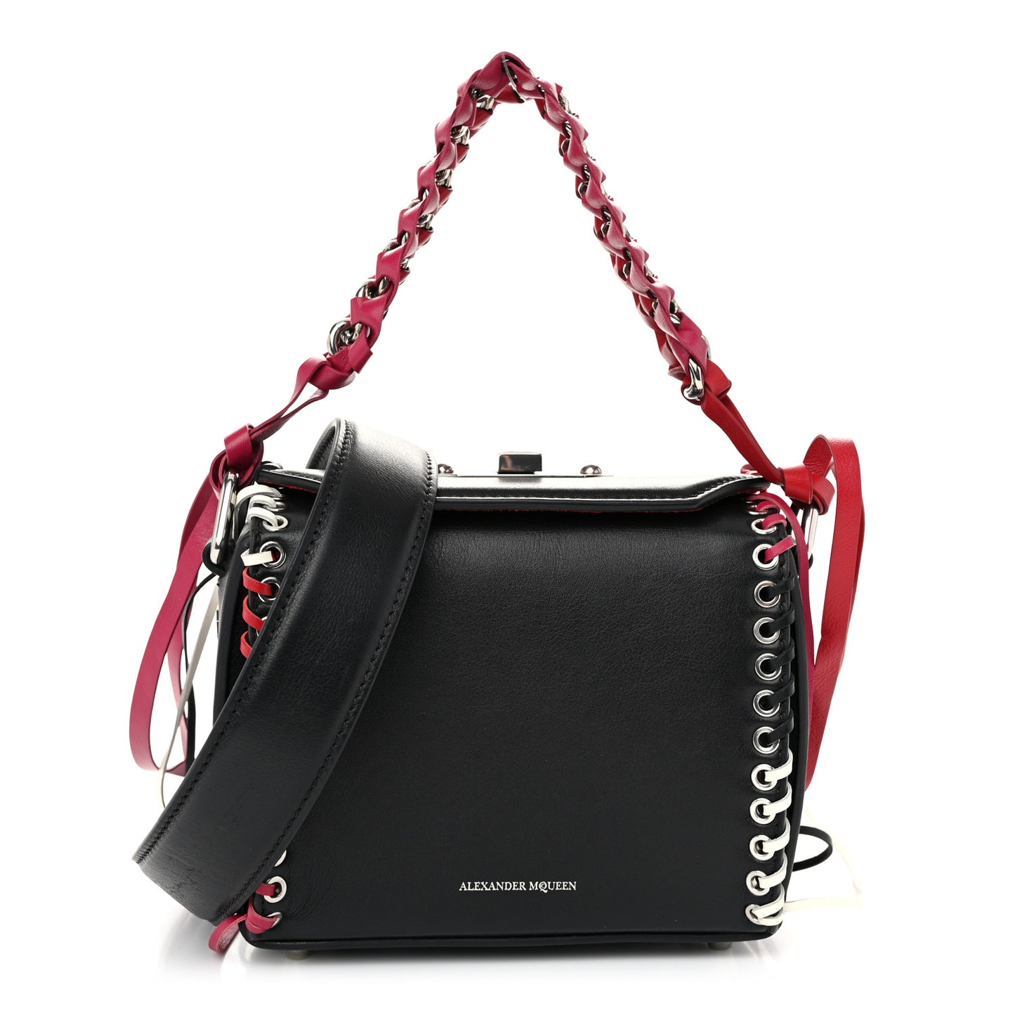 Calfskin Whipstitch Box Shoulder Bag 19  Black Red