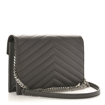 Saint Laurent Grain De Poudre Matelasse Chevron Monogram Envelope Chain Wallet Coal 3 of 8