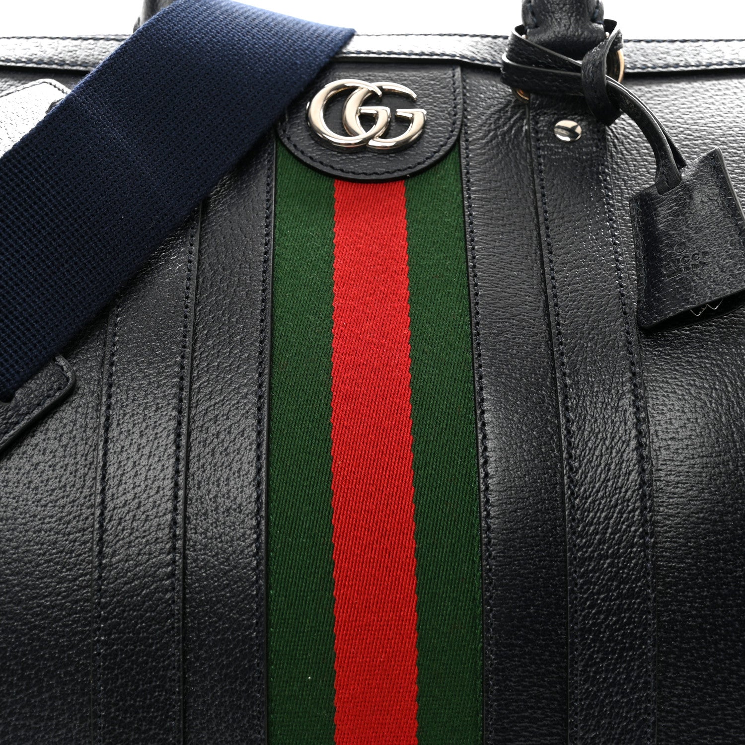 Gucci Textured Dollar Calfskin Web Large Savoy Duffle Bag Navy 6 of 9