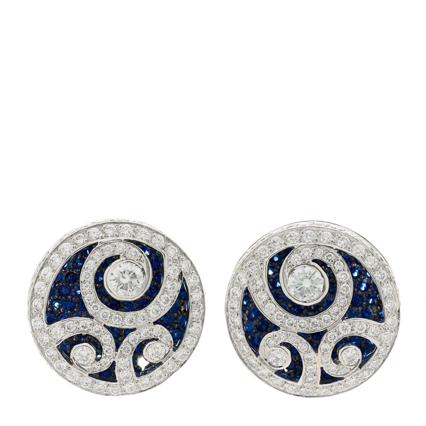 18K White Gold Diamond Sapphire Swirl Earrings