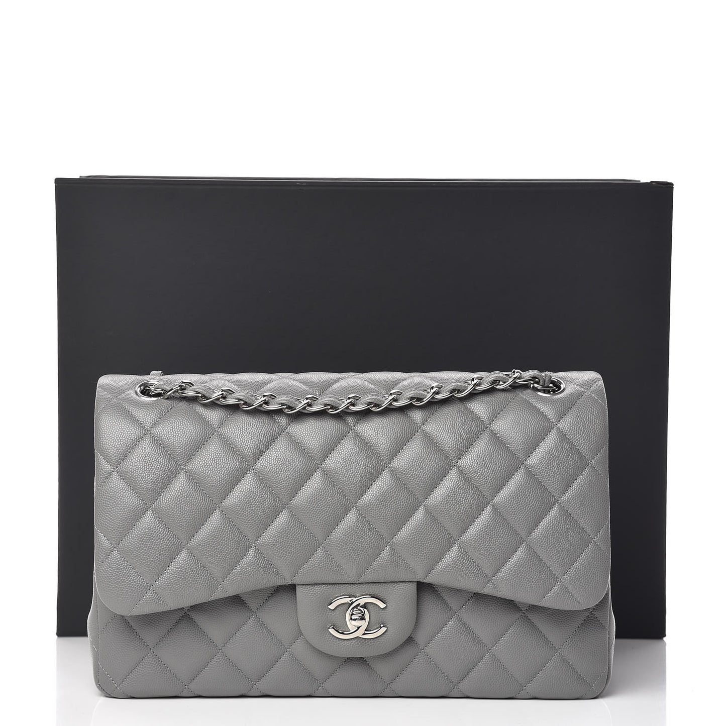 Caviar Quilted Jumbo Double Flap Grey