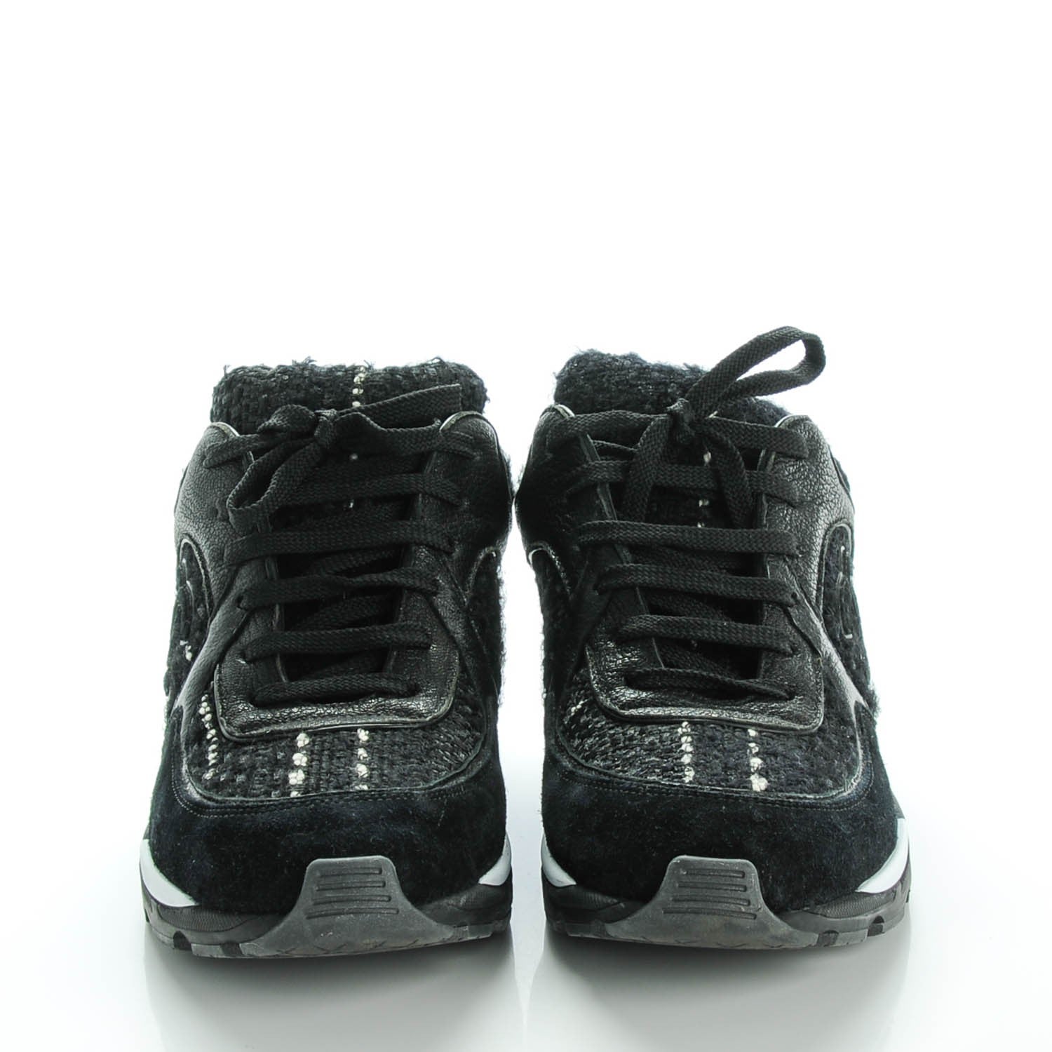 Chanel Tweed Suede Goatskin CC Sneakers 39 Black White 2 of 7