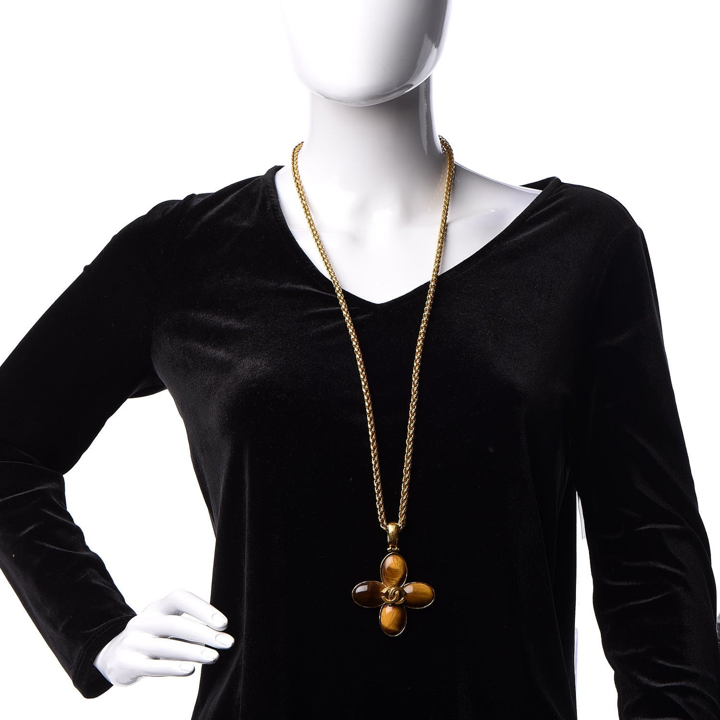 Gripoix Cross CC Long Necklace Gold