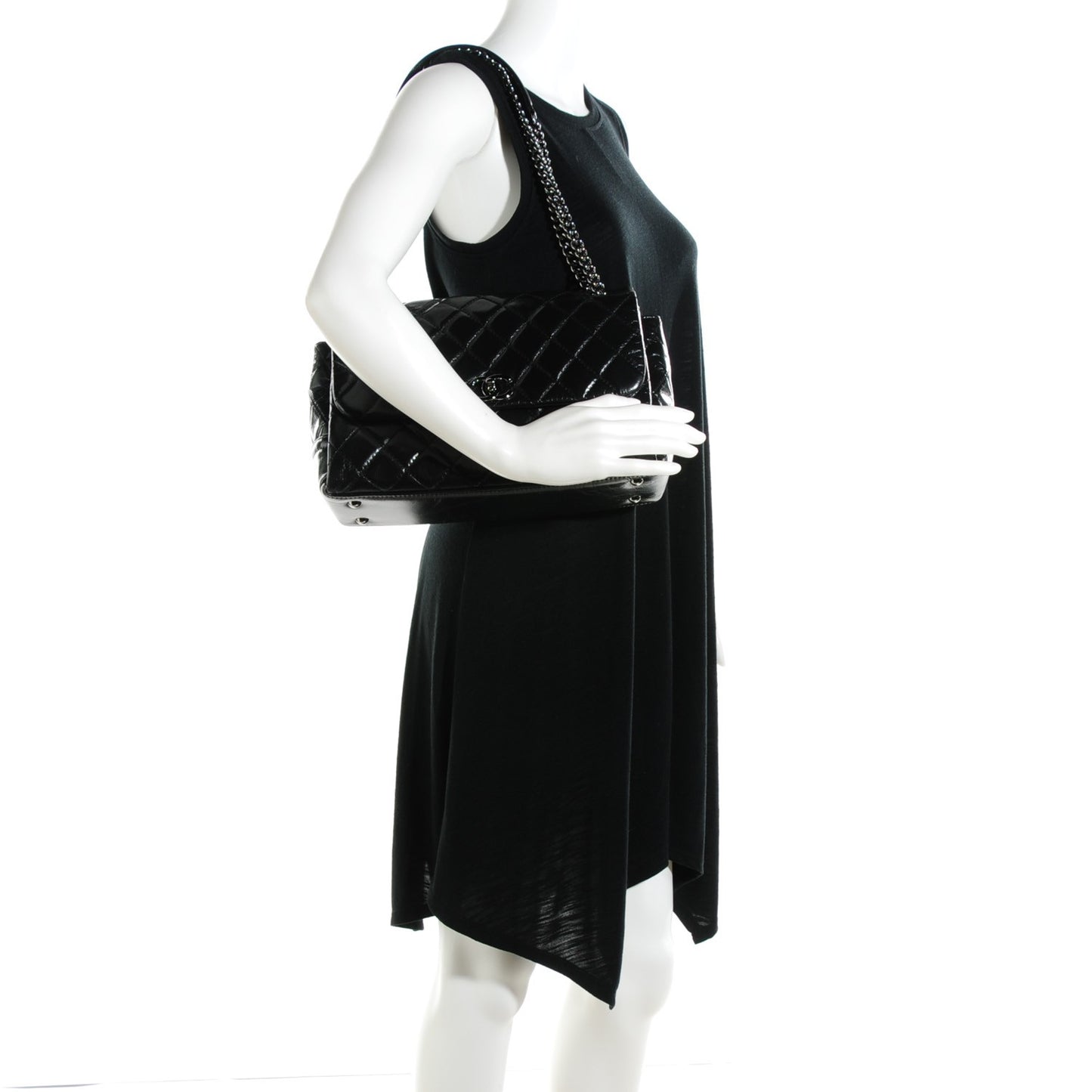 Glazed Calfskin Quilted Medium Lady Pearly Flap Black