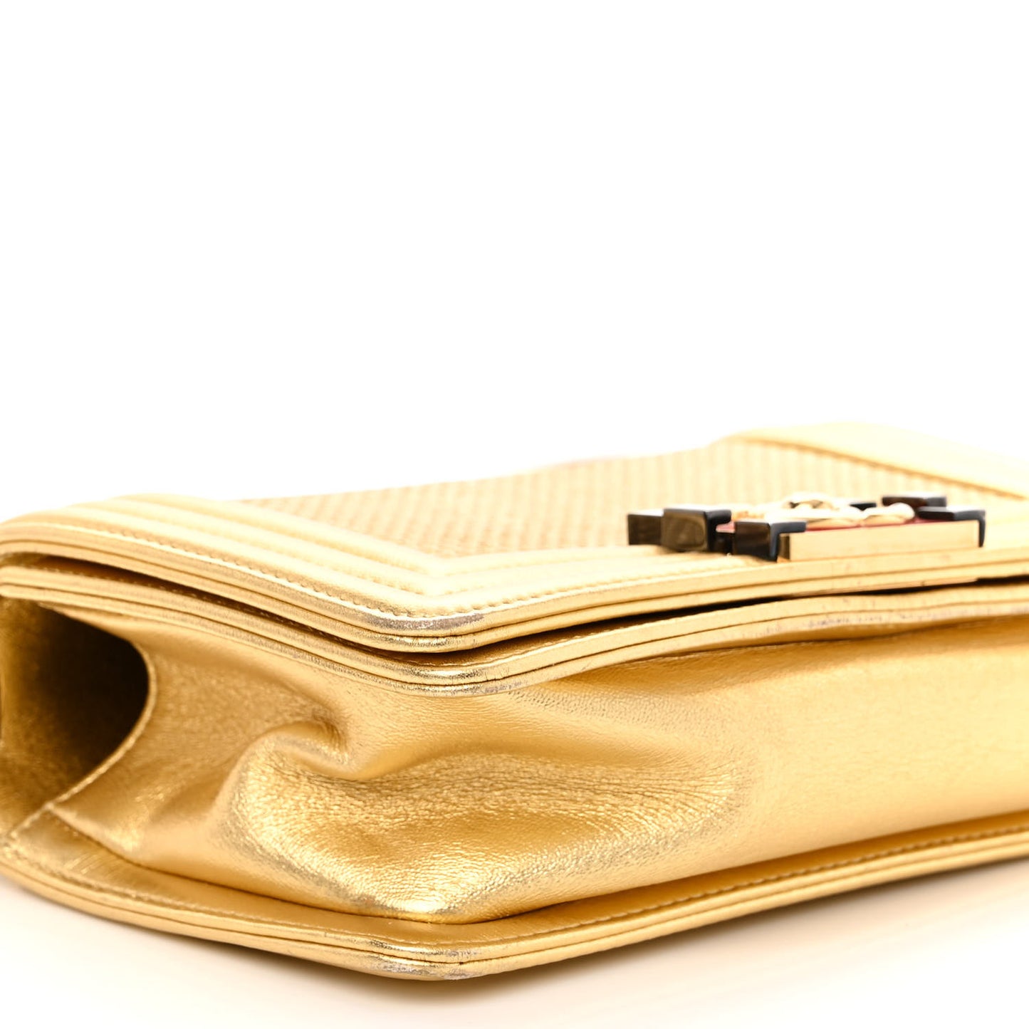Metallic Lambskin Embossed Small Cube Boy Flap Gold