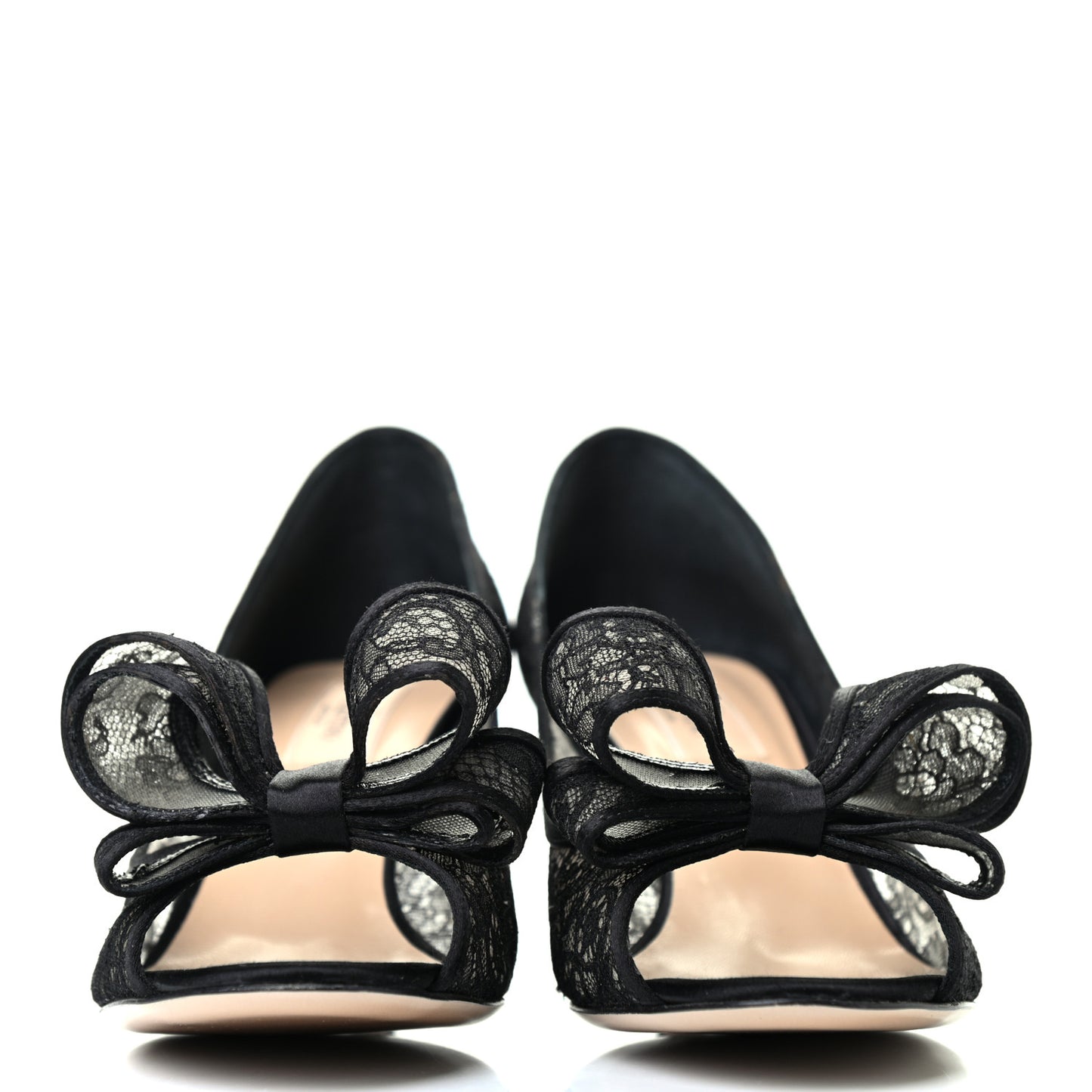 Satin Lace Couture Bow Peep Toe Low Heel Pumps 38.5 Black
