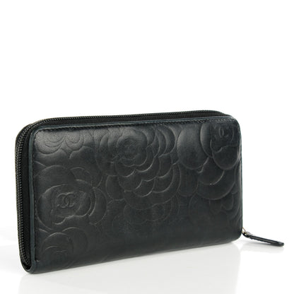 Chanel Lambskin Camellia Embossed Large Zip Around Gusset Wallet Black 3 of 8