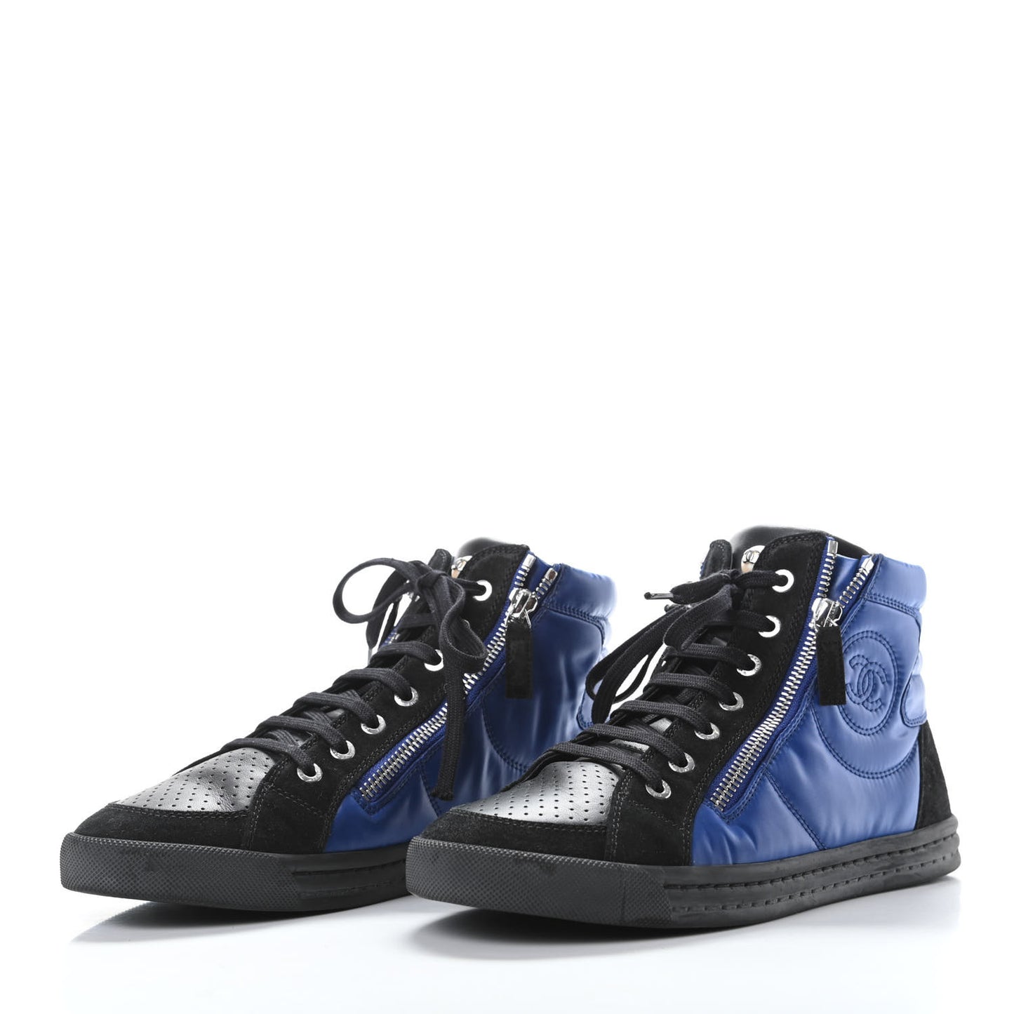 Calfskin Pearl High Top CC Sneakers 38 Black Blue