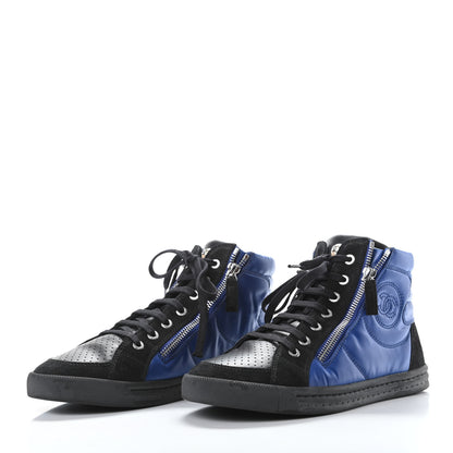 Chanel Calfskin Pearl High Top CC Sneakers 38 Black Blue 3 of 9
