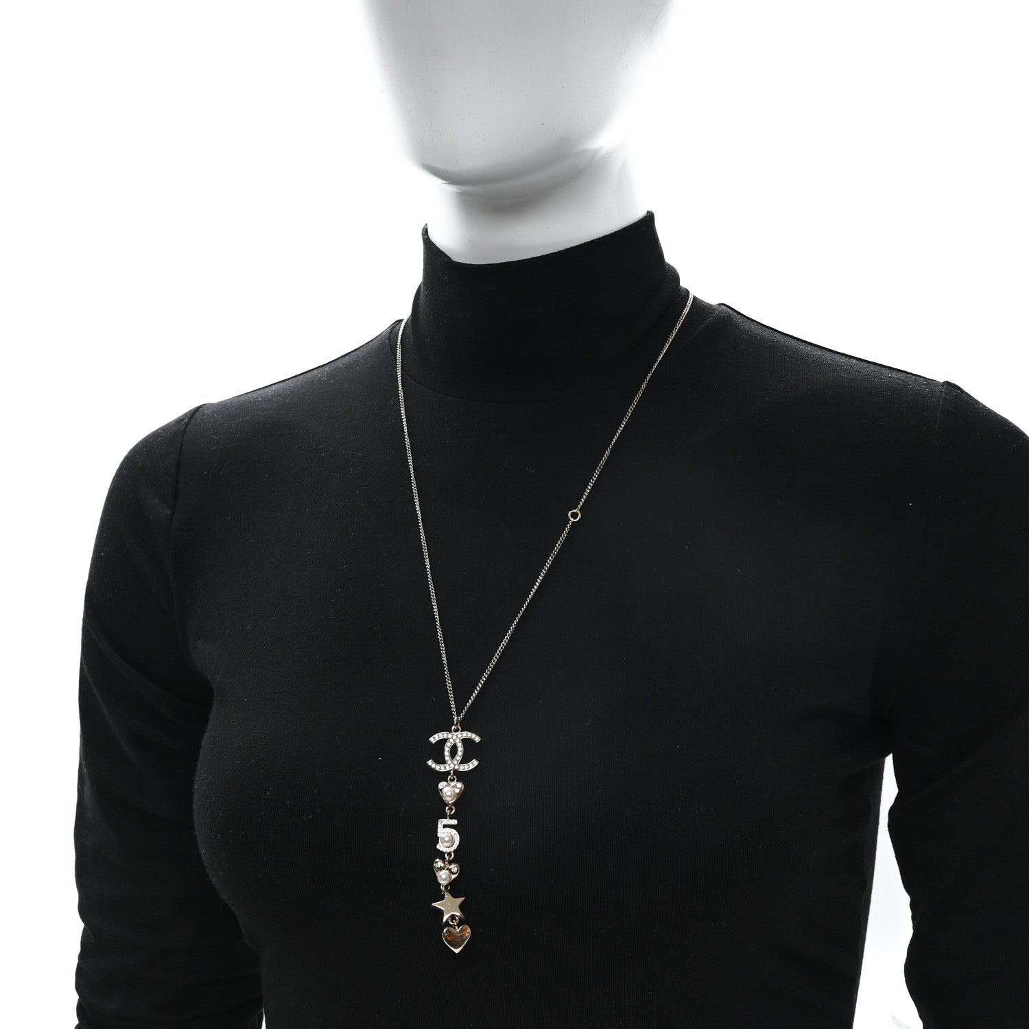 Chanel Pearl Crystal CC No 5 Heart Star Pendant Necklace Gold 2 of 5