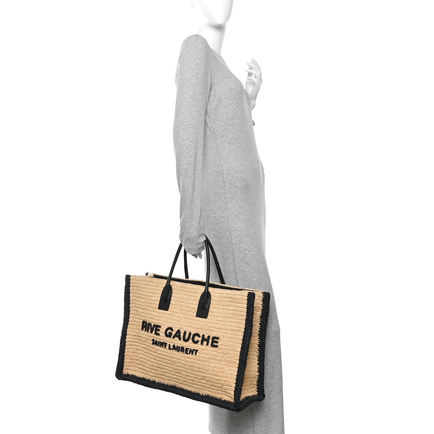 Saint Laurent Raffia Calfskin Rive Gauche Tote Naturale Black