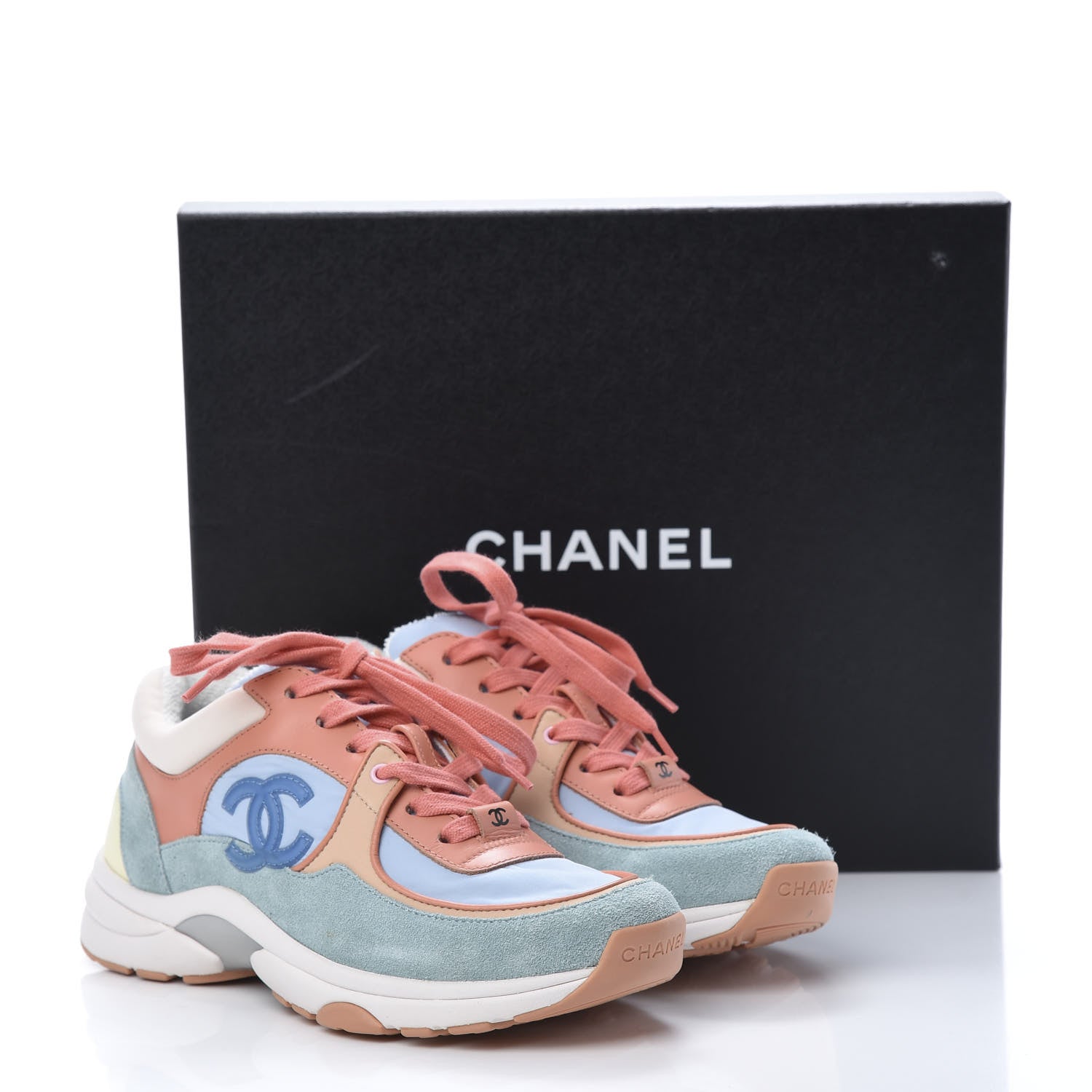 Chanel Nylon Lambskin Suede Calfskin CC Sneakers 35 Coral Light Blue White 8 of 8