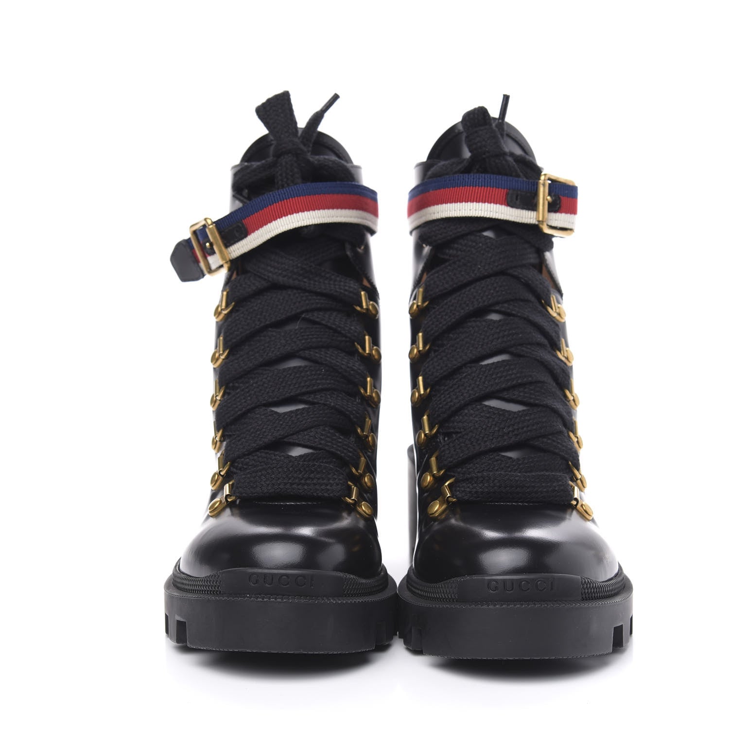 Gucci Calfskin Sylvie Web Womens Lace Up Combat Boots 38 Black 2 of 8