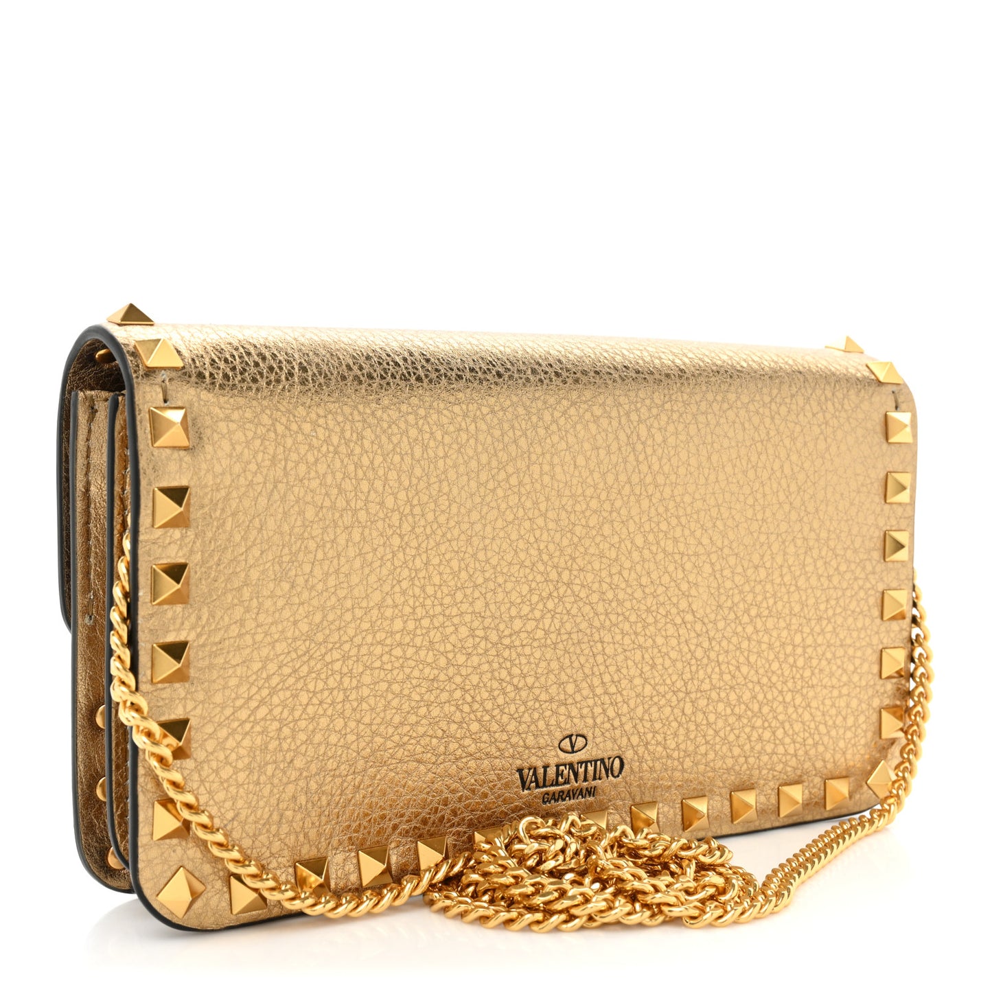 Pebbled Calfskin Rockstud Flap Wallet On Chain Soft Gold