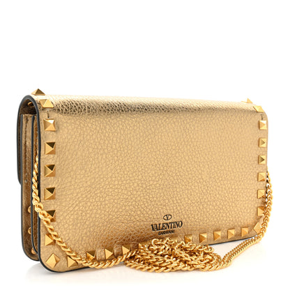 Valentino Garavani Pebbled Calfskin Rockstud Flap Wallet On Chain Soft Gold 3 of 13
