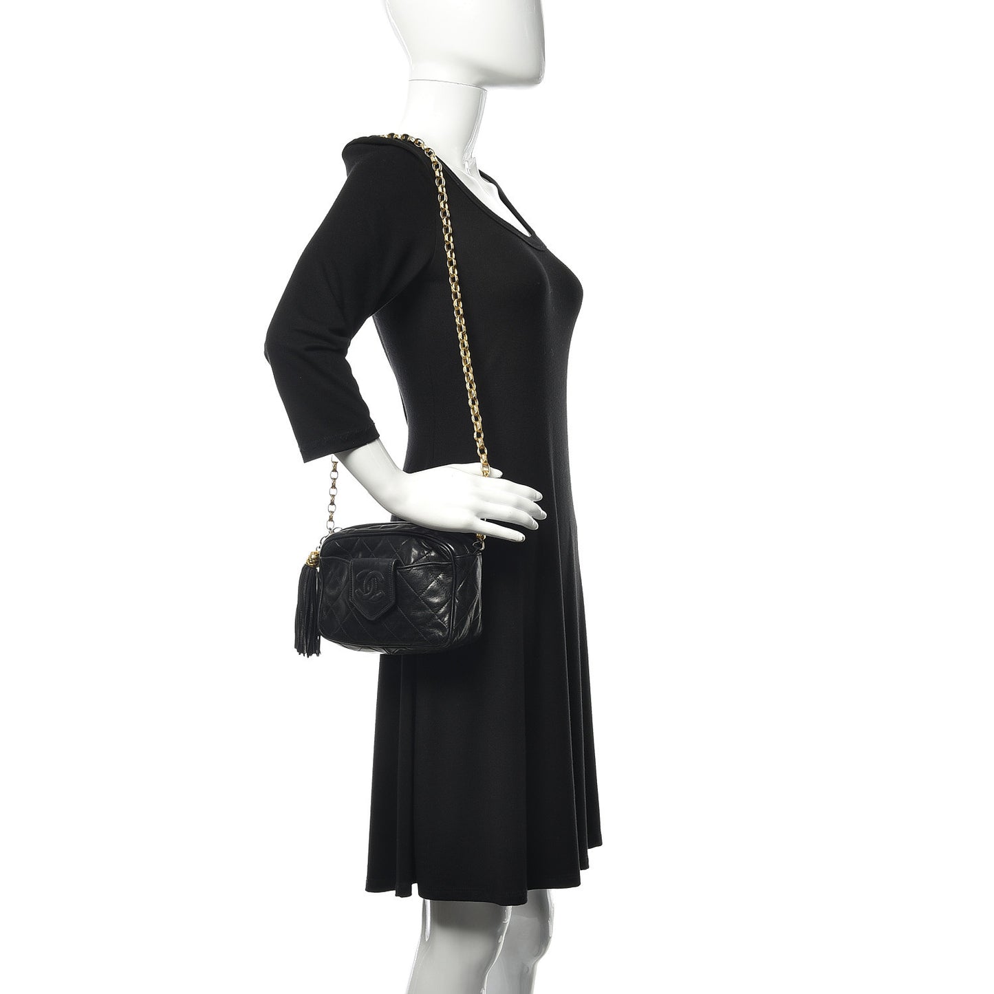 Lambskin Quilted Tassel Camera Case Black