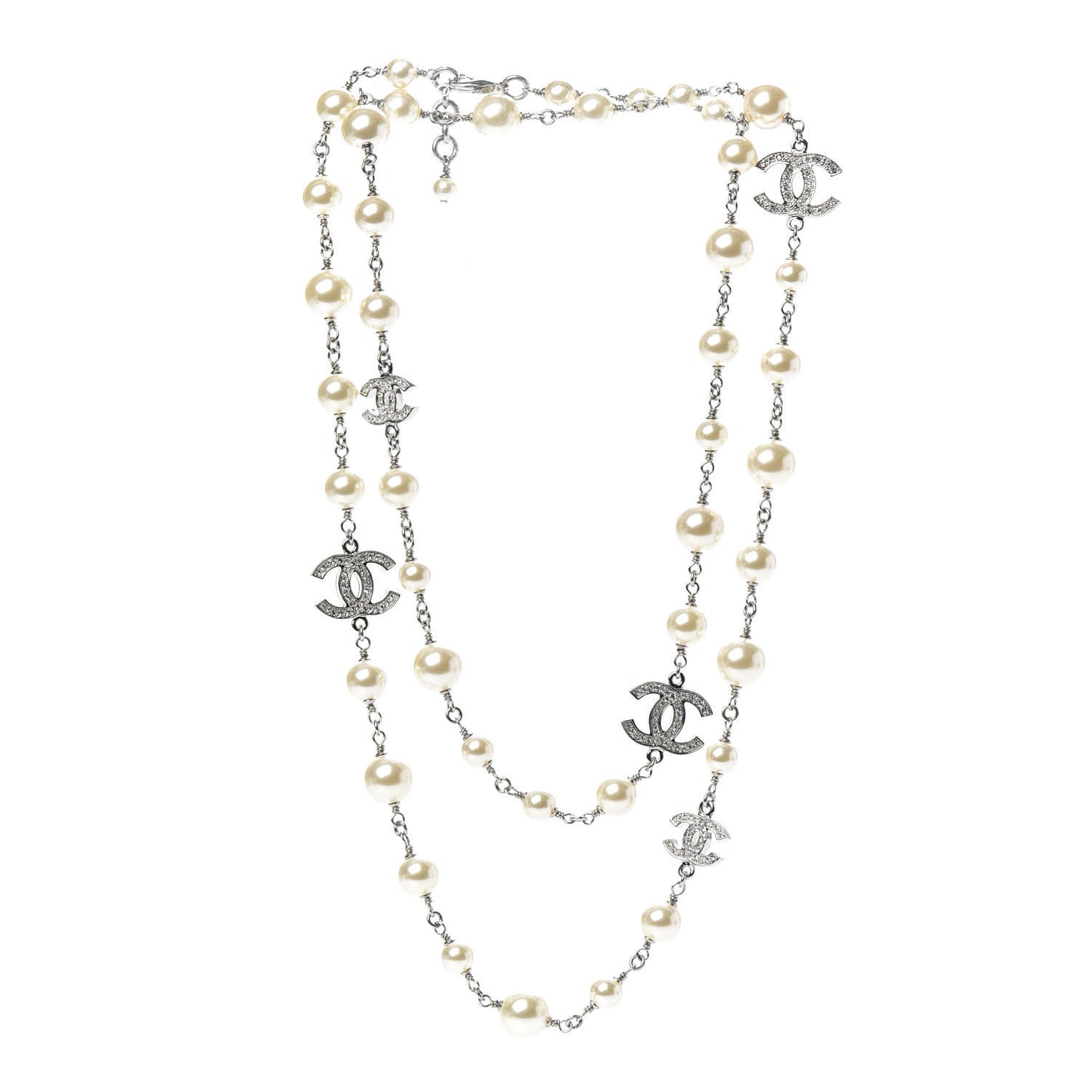Crystal Pearl CC Long Necklace Silver