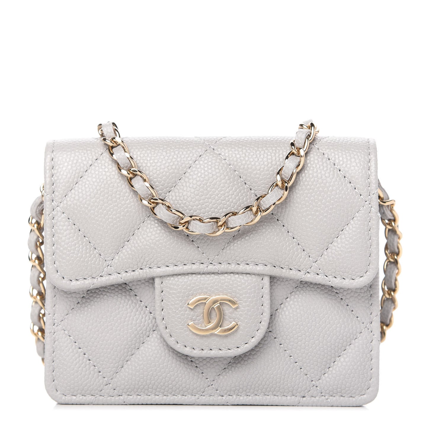 Caviar Quilted Flap Card Holder On Chain Grey
