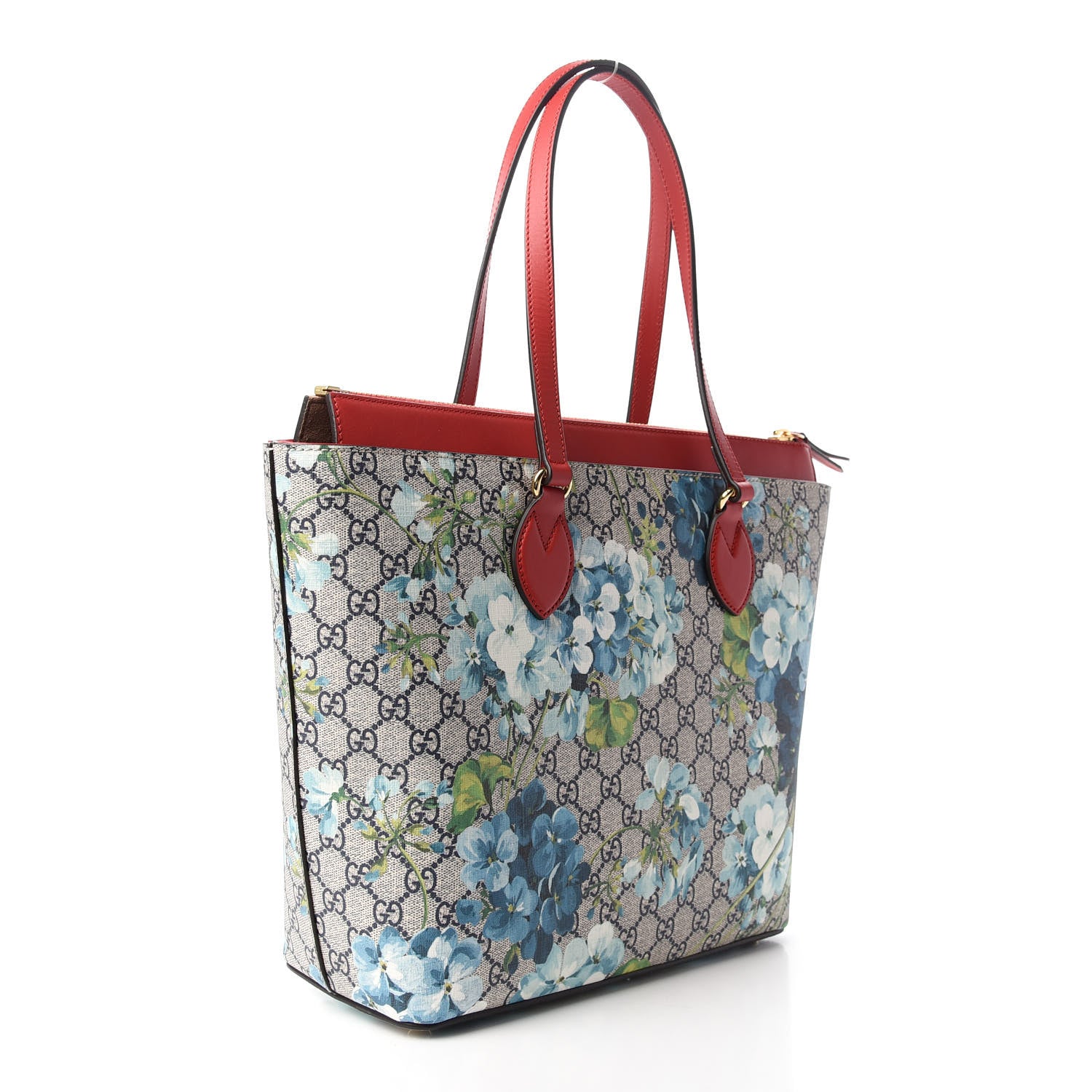 Gucci GG Supreme Monogram Blooms Medium Zippered Bucket Tote Beige Blue Navy Hibiscus Red 3 of 9
