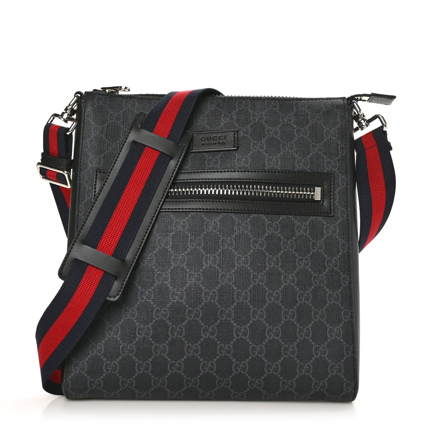 GG Supreme Monogram Appia Calfskin Web Flat Messenger Bag Black Grey