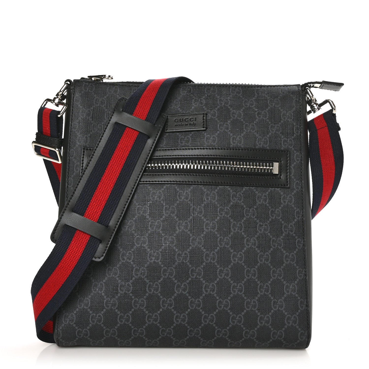 Gucci GG Supreme Monogram Appia Calfskin Web Flat Messenger Bag Black Grey 1 of 7