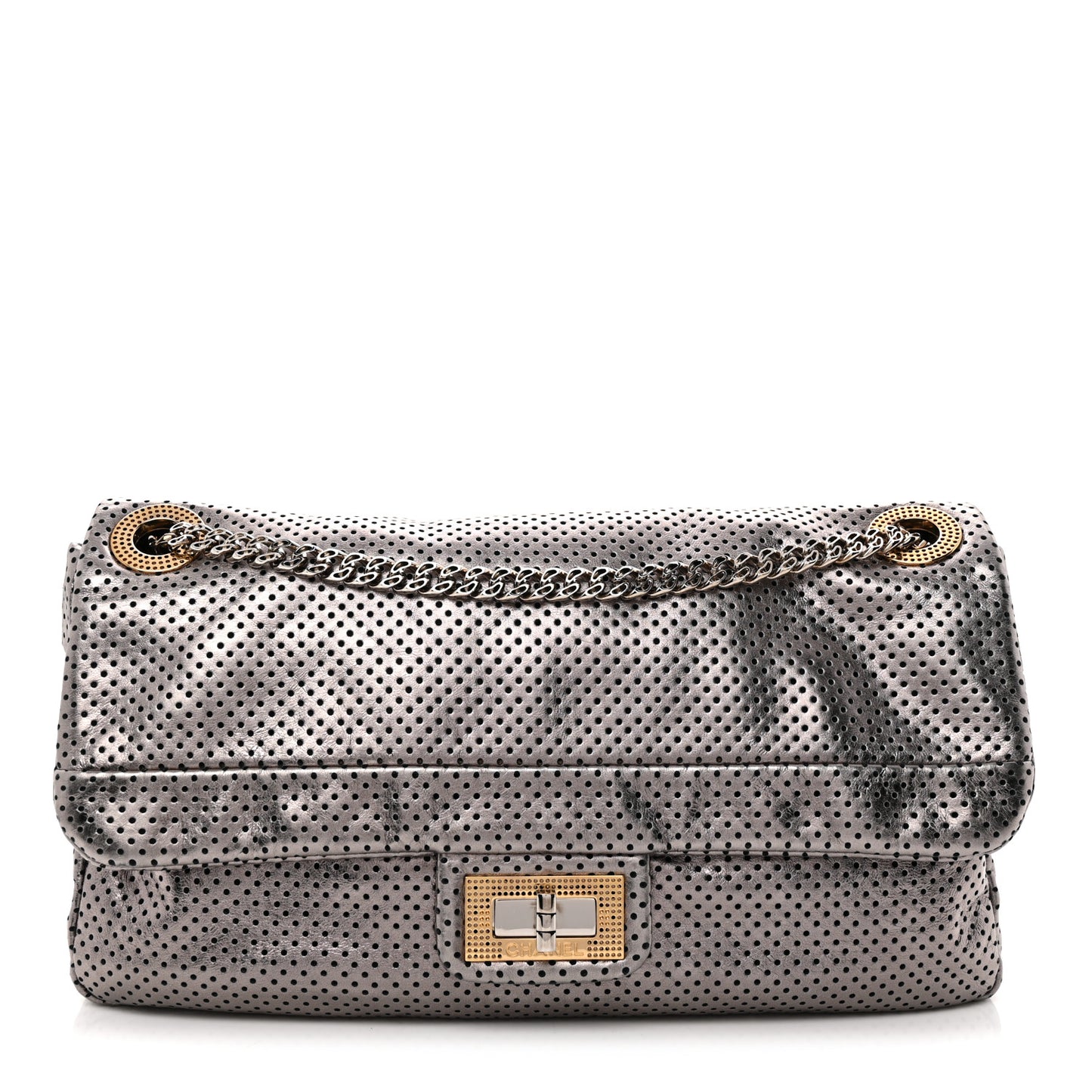 Metallic Crackled Calfskin Perforated Drill Flap Bronze