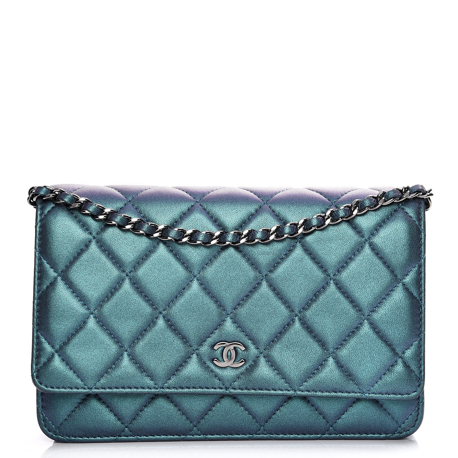 Chanel Metallic Lambskin Wallet On Chain WOC Turquoise 1 of 9