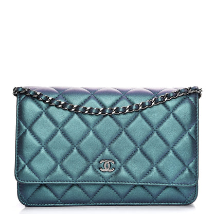 Chanel Metallic Lambskin Wallet On Chain WOC Turquoise 1 of 9