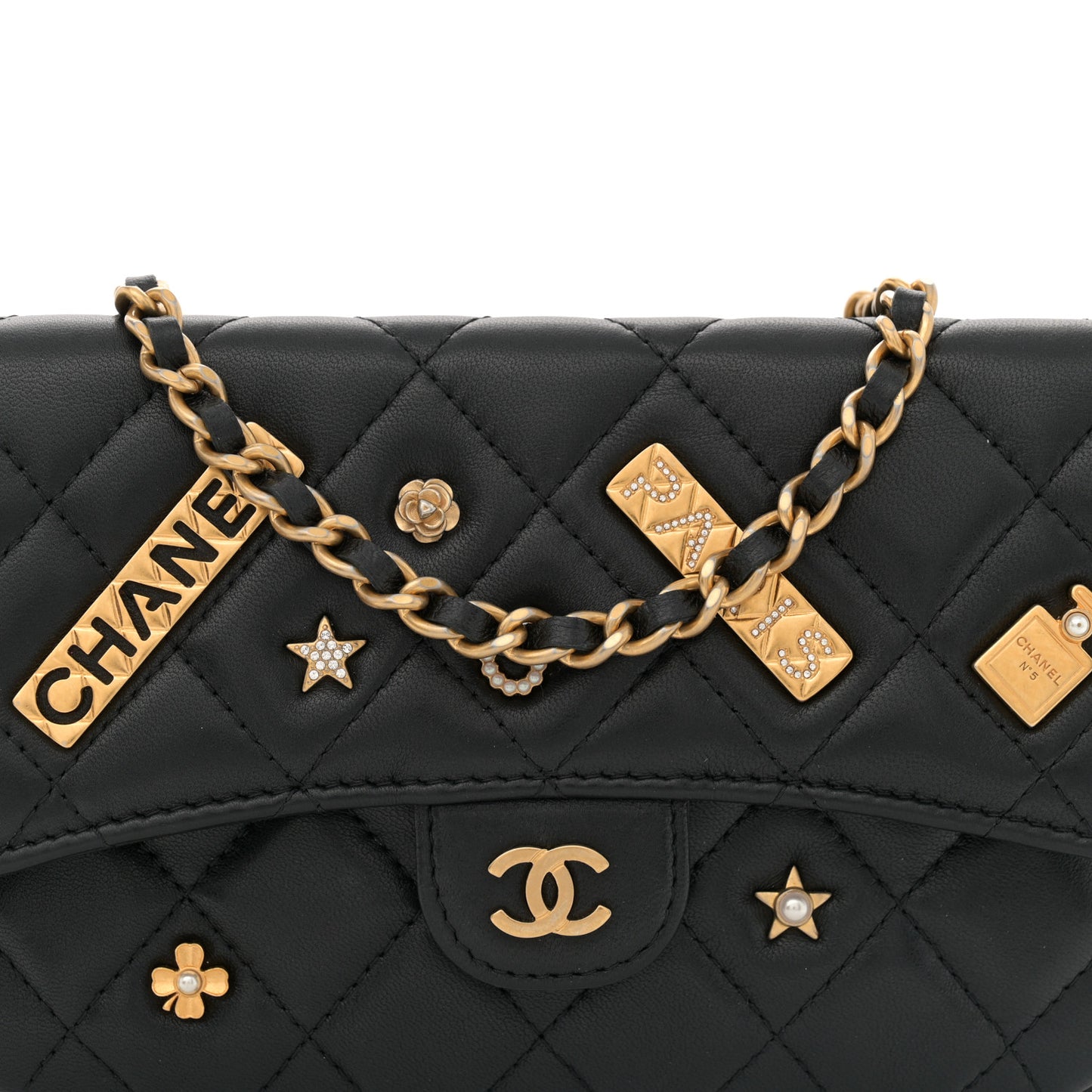 Lambskin Quilted Charm Flap Phone Holder With Chain Black