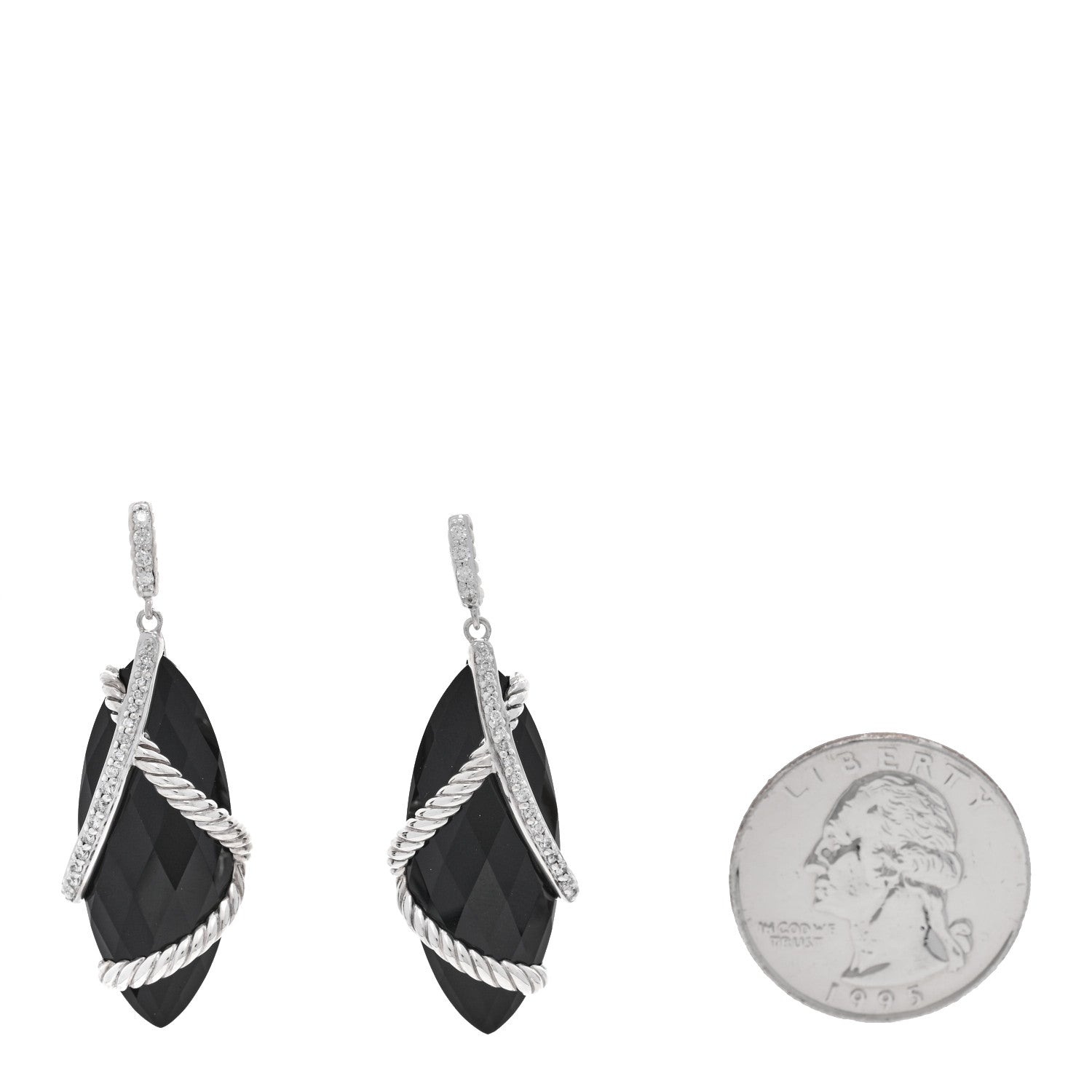 David Yurman Sterling Silver Diamond Black Onyx Cable Wrap Drop Earrings 2 of 4