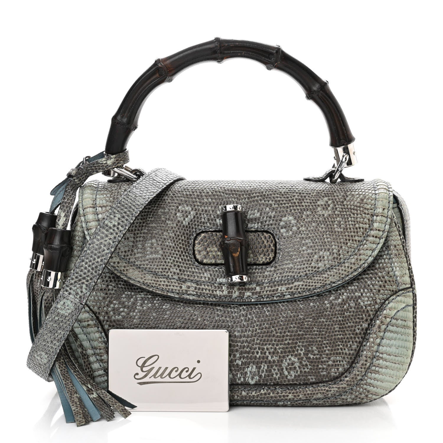 Gucci Calfskin Lizard Embossed Medium New Bamboo Top Handle Bag Blue 3 of 14