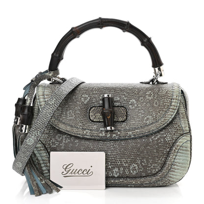 Gucci Calfskin Lizard Embossed Medium New Bamboo Top Handle Bag Blue 3 of 14