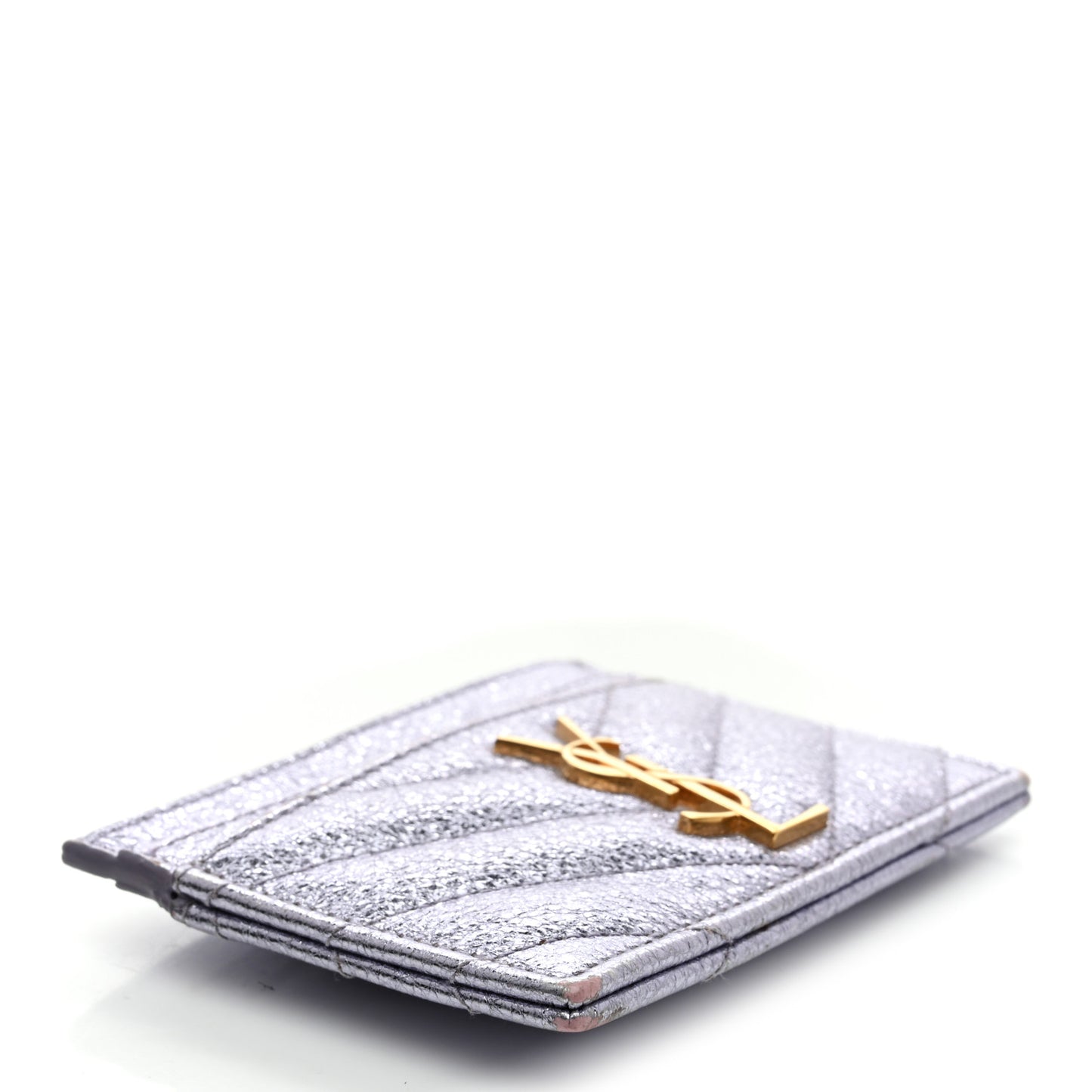 Metallic Crackled Calfskin Matelasse Chevron Monogram Credit Card Case Silver