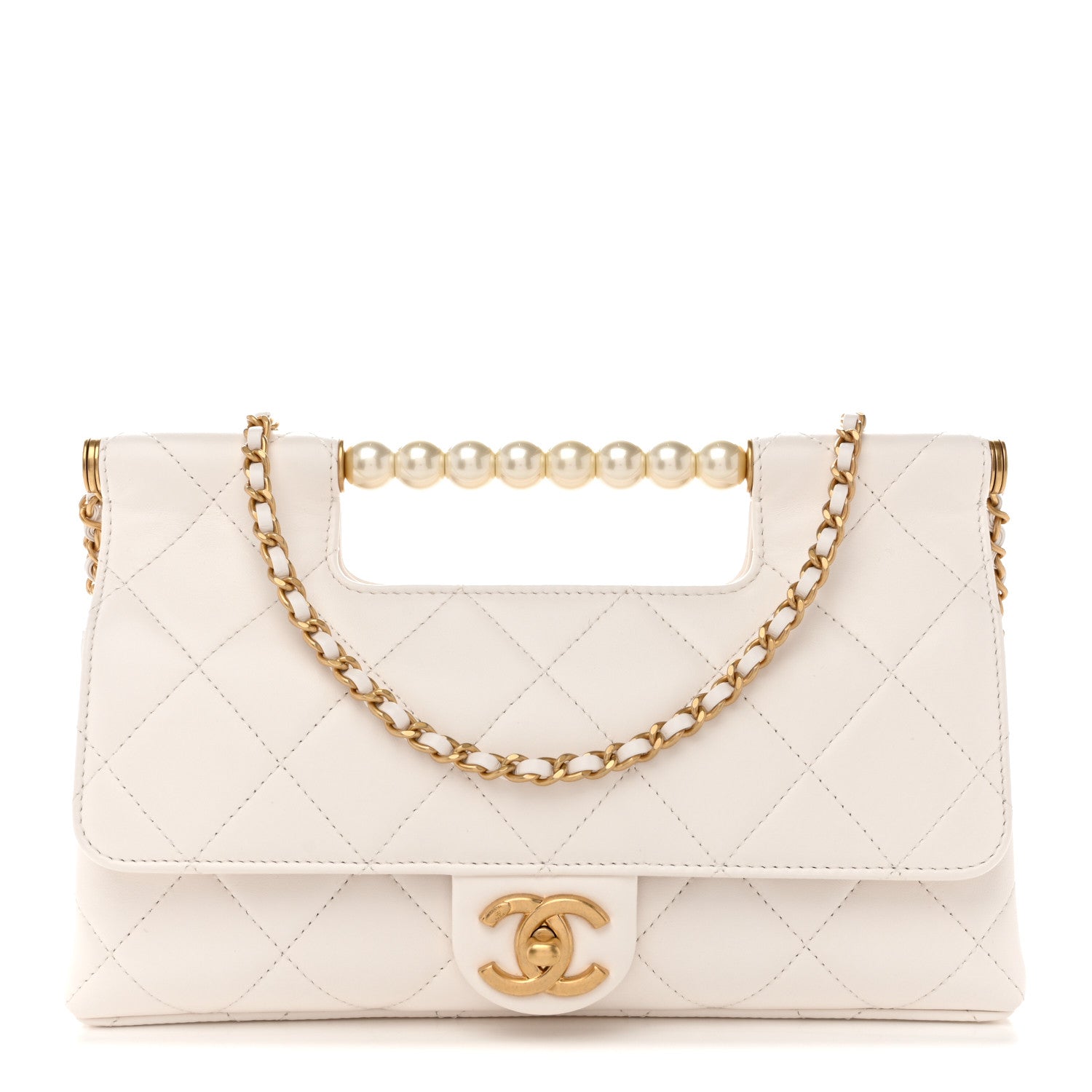 Chanel Shiny Lambskin Pearl Top Handle Flap Shopping Bag White 1 of 10