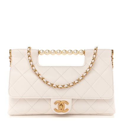 Chanel Shiny Lambskin Pearl Top Handle Flap Shopping Bag White 1 of 10