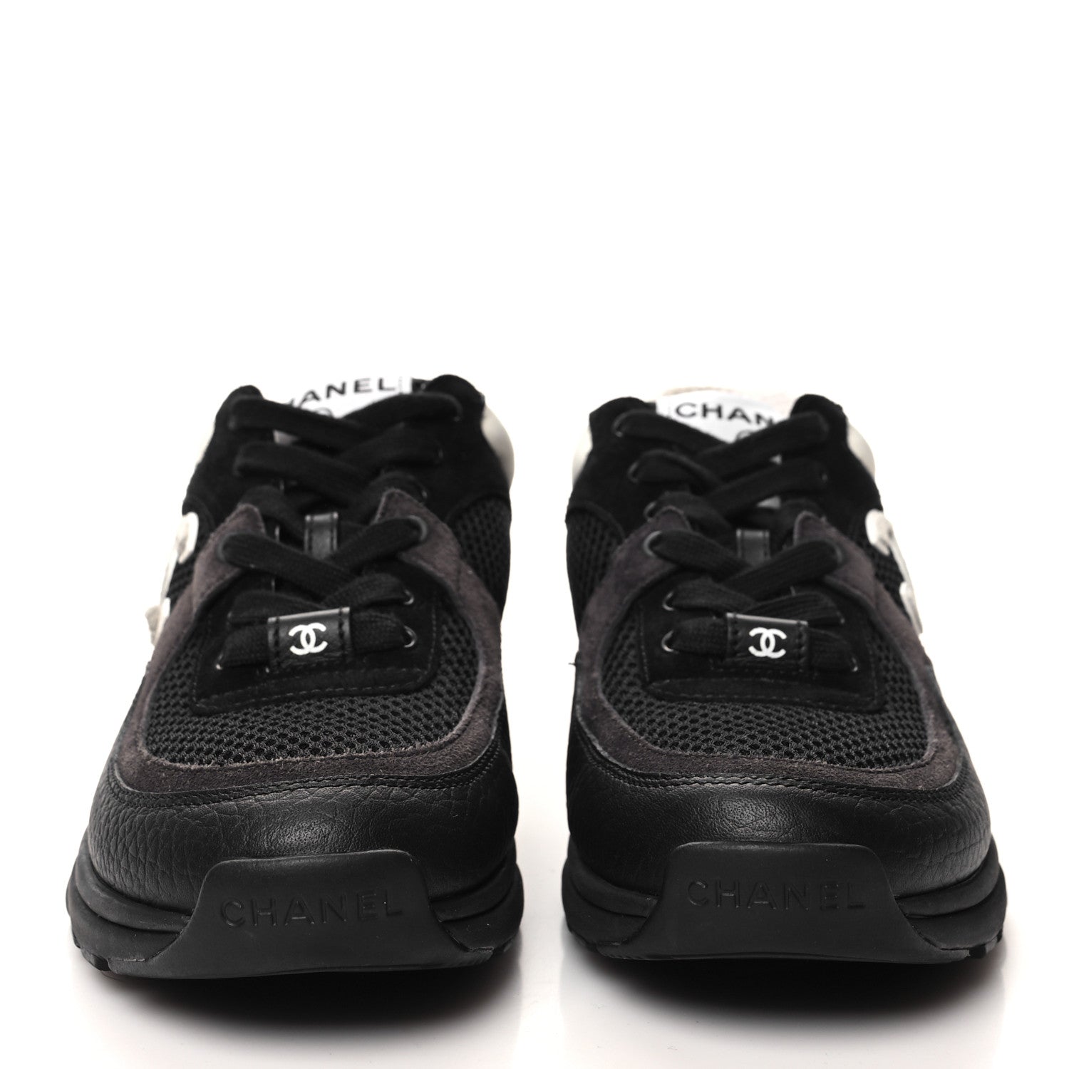 Chanel Mesh Suede Grained Calfskin Womens CC Sneakers 35 Black White 2 of 11