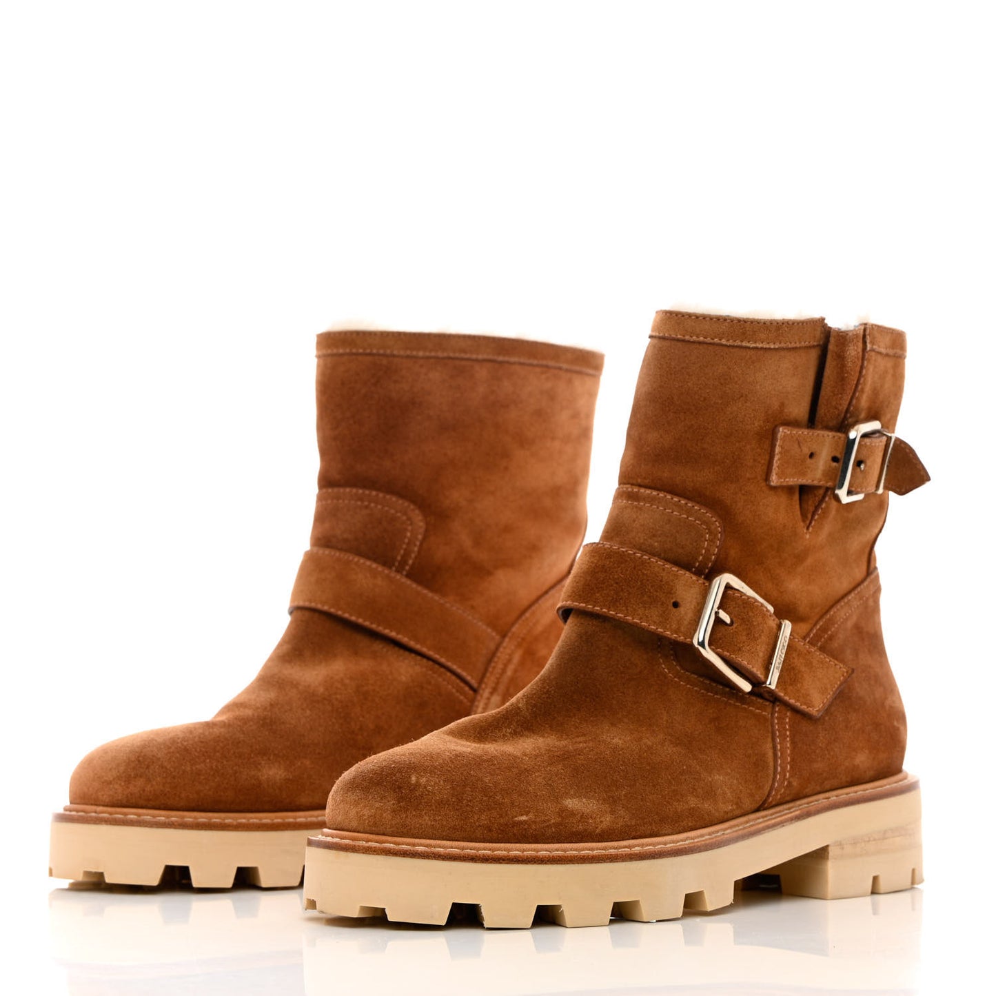 Soft Suede Shearling Biker Boots 37.5 Tan