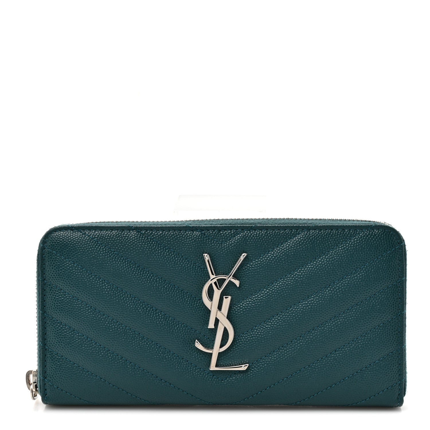 Saint Laurent Grain De Poudre Matelasse Chevron Monogram Zip Around Wallet Sea Turquoise 1 of 9