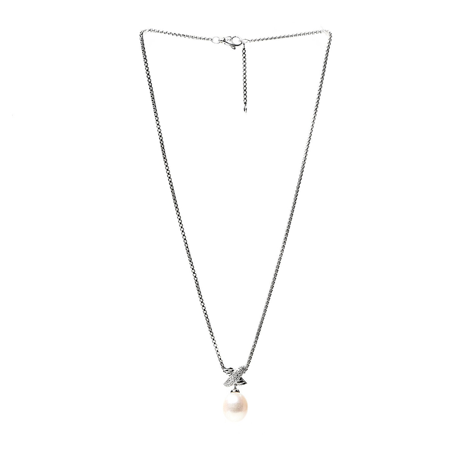 Sterling Silver Pearl Diamond 25mm X Pendant Necklace