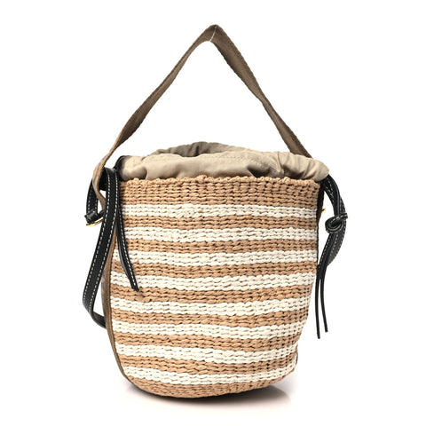 Raffia Calfskin Small Woody Striped Basket Bag Brown