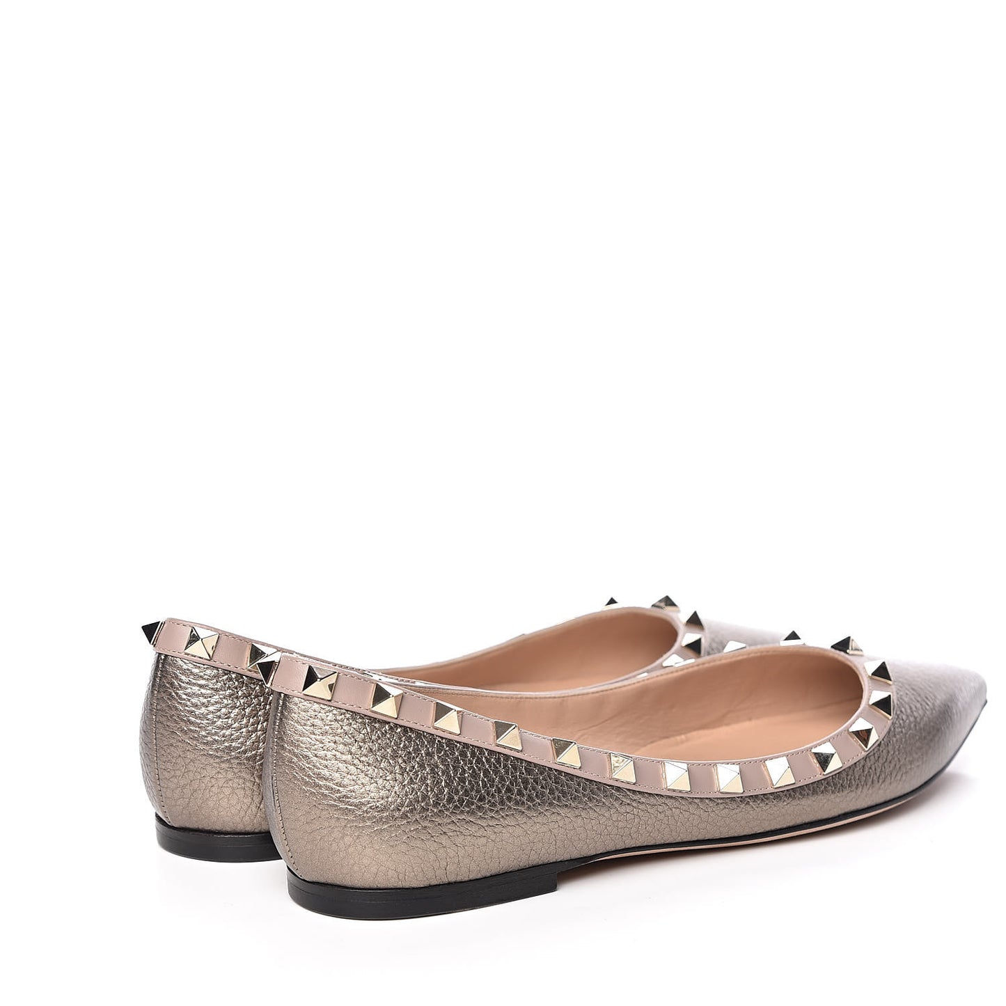 Metallic Pebbled Calfskin Rockstud Ballerina Flats 38 Sasso Poudre