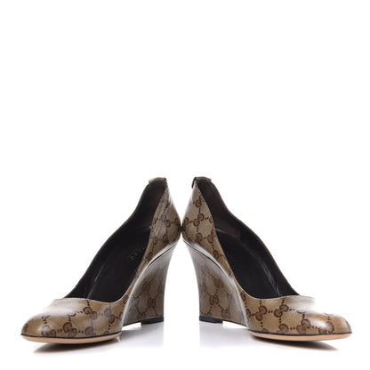 Gucci Crystal Monogram Wedges Pumps 9.5 Beige Ebony 5 of 12