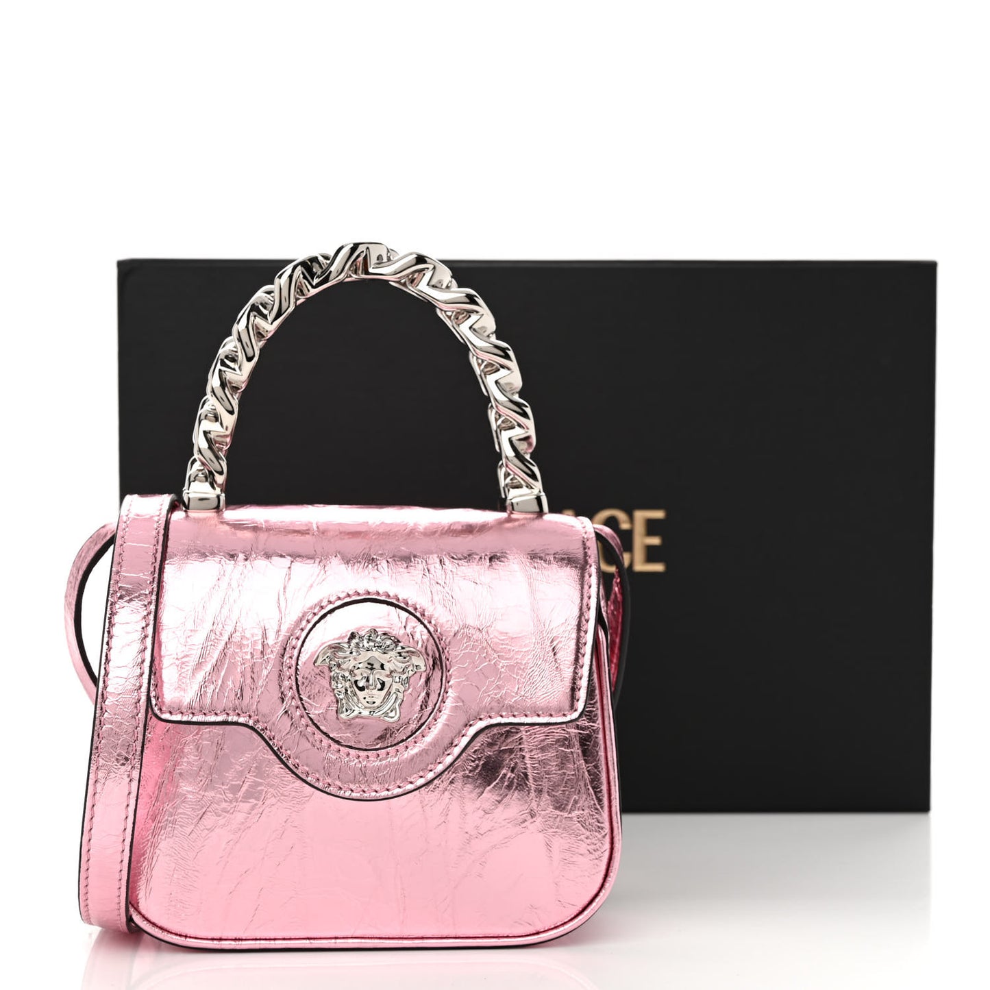Metallic Crackled Lambskin Mini La Medusa Bag Pink