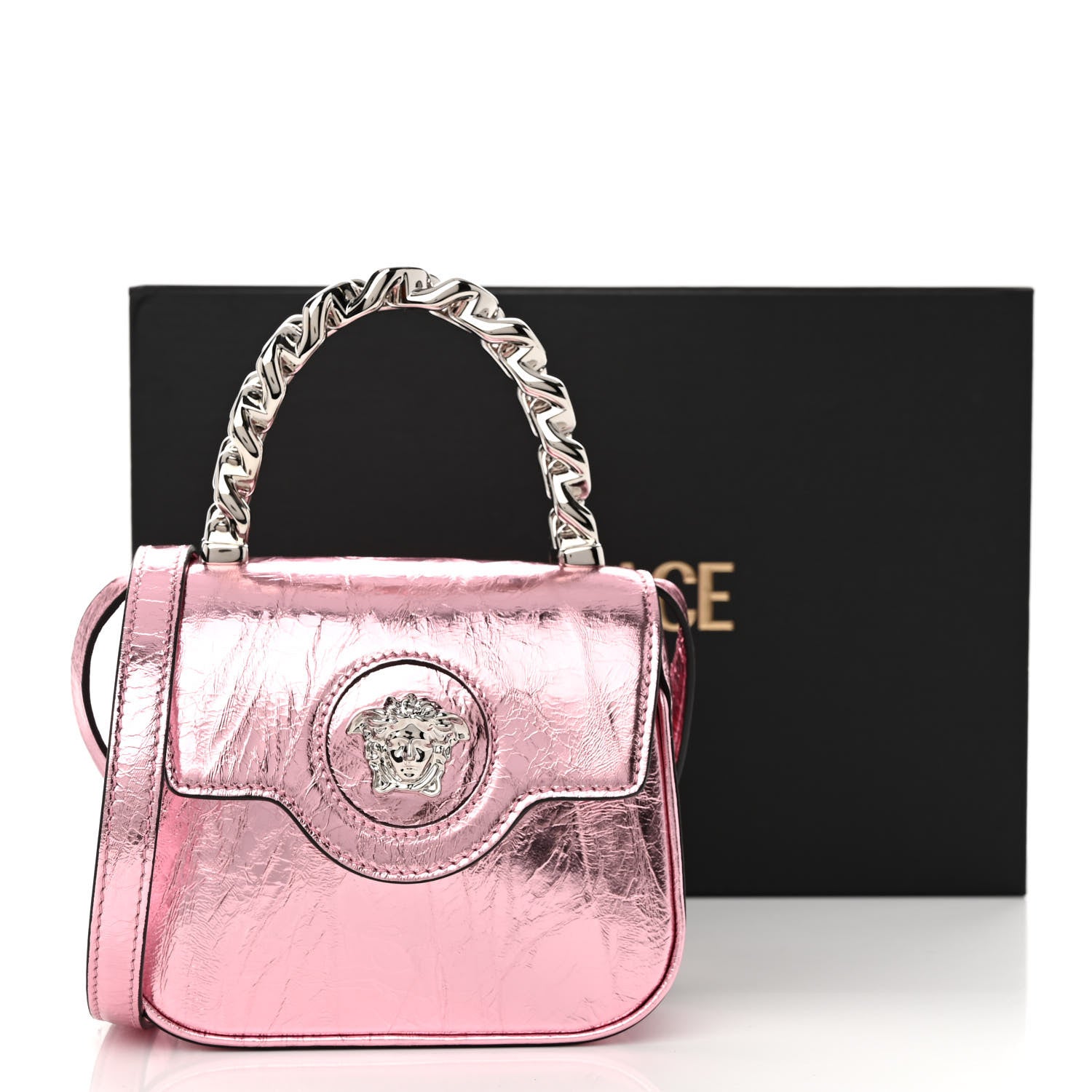 Versace Metallic Crackled Lambskin Mini La Medusa Bag Pink 11 of 11